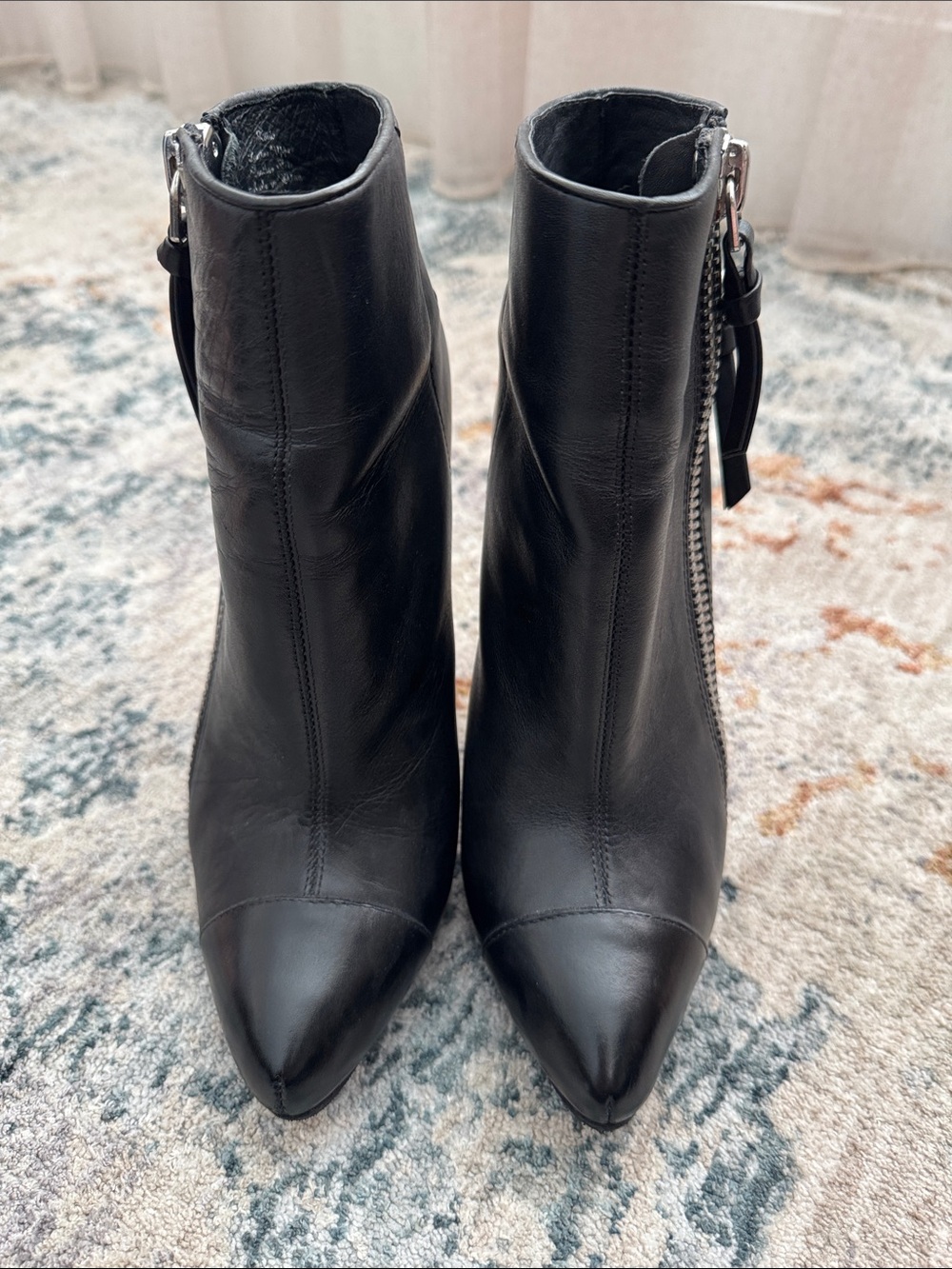 Black Leather Stiletto Ankle Boots with Silver Zipper - Picture 2 of 12